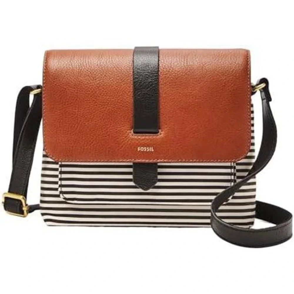Fossil Kinley Crossbody Bag Womens Small Brown Striped Canvas Leather Flap Purse